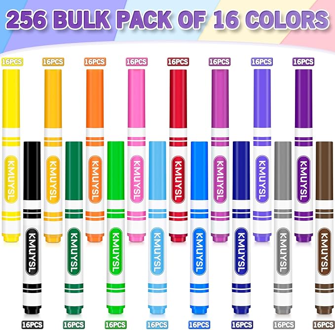 KMUYSL Washable Markers Bulk, Assorted Colors - Broad Line Conical Tip Coloring Markers for Kids, School Art Supplies & Back to School Supplies, Teacher Classroom Must Haves (16 Colors, 256 Pcs)