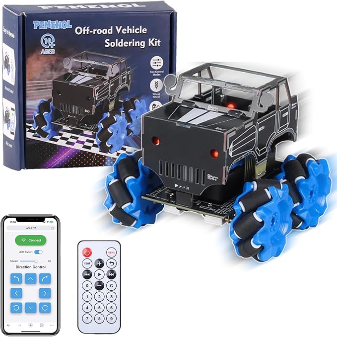 PEMENOL DIY RC Robot Car Kit with Mecanum Wheels, 360° Omnidirectional Movement, Soldering Electronics Project, Dual Remote & WiFi Control, Robotics Kit for School College Hobbyists Present