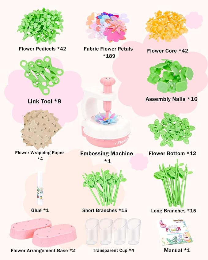 PERRYHOME Fabric Flower Bouquets Toys, 300+ Pcs DIY Flower Crafts for Kids, 2 Gameplays Educational Arts & Crafts Toy, Thanksgiving Birthday and Christmas Gift for 3 4 5 6 7 8 Years Toddler Girl