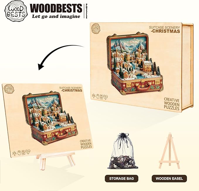 WOODBESTS Wooden Puzzles for Adults (260 Piece, L, 13.4 * 13in) Christmas Suitcase Town Wood Puzzle Adult, Unique Wooden Animal Jigsaw Puzzles, Family Game and Birthday Gifts for Friend