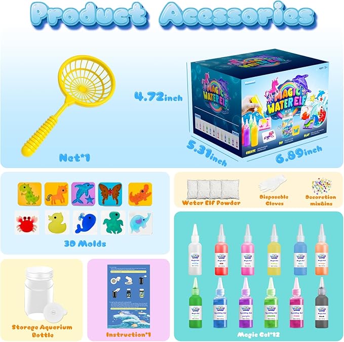 Funewest Magic Water Elf Toy Kit, DIY Aqua Fairy Squishy Gel with 12 Magical Gels & 10 Creature Molds, STEM Arts and Crafts Activity, Make Water Pets, Fun Birthday Gift for Kids