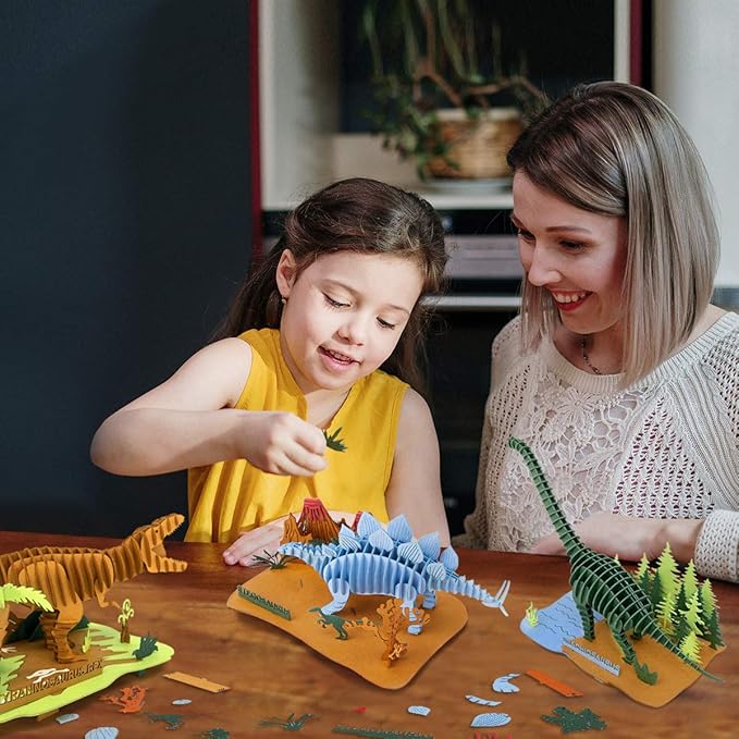 3D Paper Puzzle, 3 Assorted Dinosaurs, Premium Cardboard Models, DIY Kit for Child, Educational Craft -Rex, Stegosaurus, Brachiosaurus Puzzles