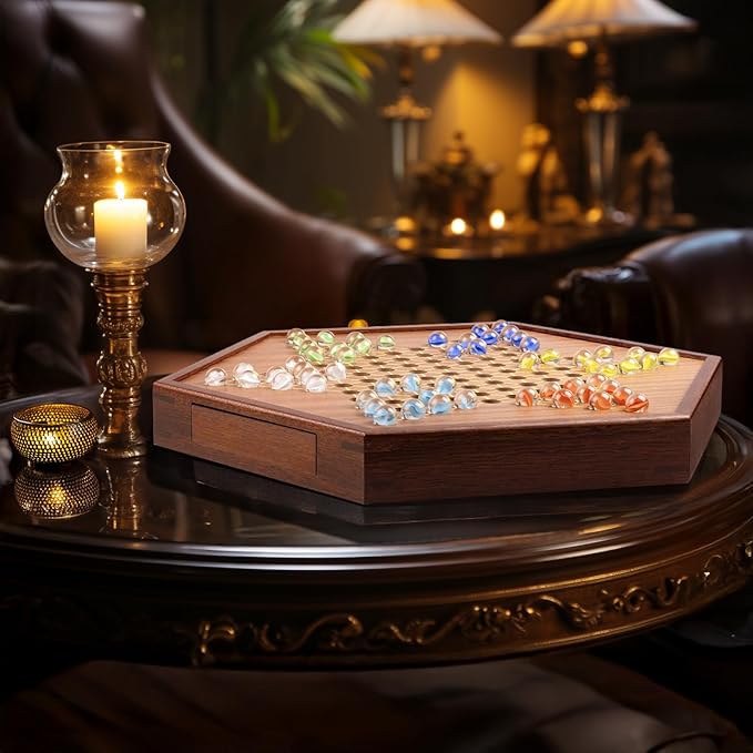 VAMSLOVE Large 17" Chinese Checkers Board Game for 2-6 Player Wooden Game Board, 16mm 60+12 Colorful Glass Marbles, Easy Grasping for Adults and Kids, w/Storage Drawer, Fun for Family Gathering