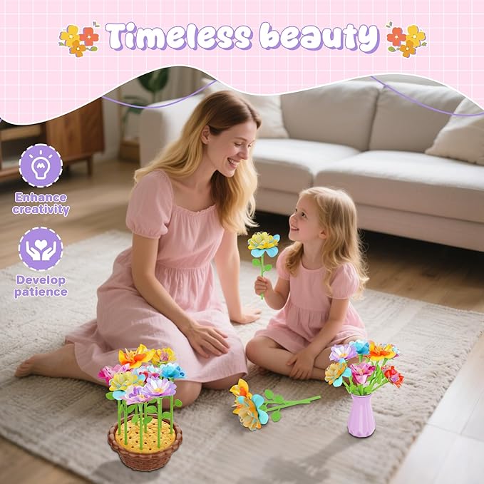 FUNZBO Fabric Flower Bouquets Toys Craft Kit, DIY Arts and Crafts for Kids Ages 4-6-8, Flower Making Toys for 4 5 6 7 8+Year Old Girl Birthday Gifts Ideas, Creative Activity Craft Flowers fot Toddler