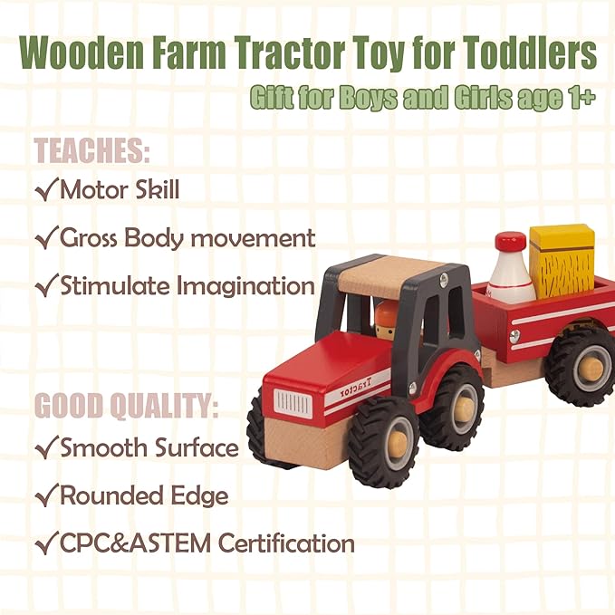 Wooden Tractor Toys for Toddlers 1-3, Baby Vehicle Toys Hand Push Car Toys for 1 2 3 Year Old Boys Girls (Red)