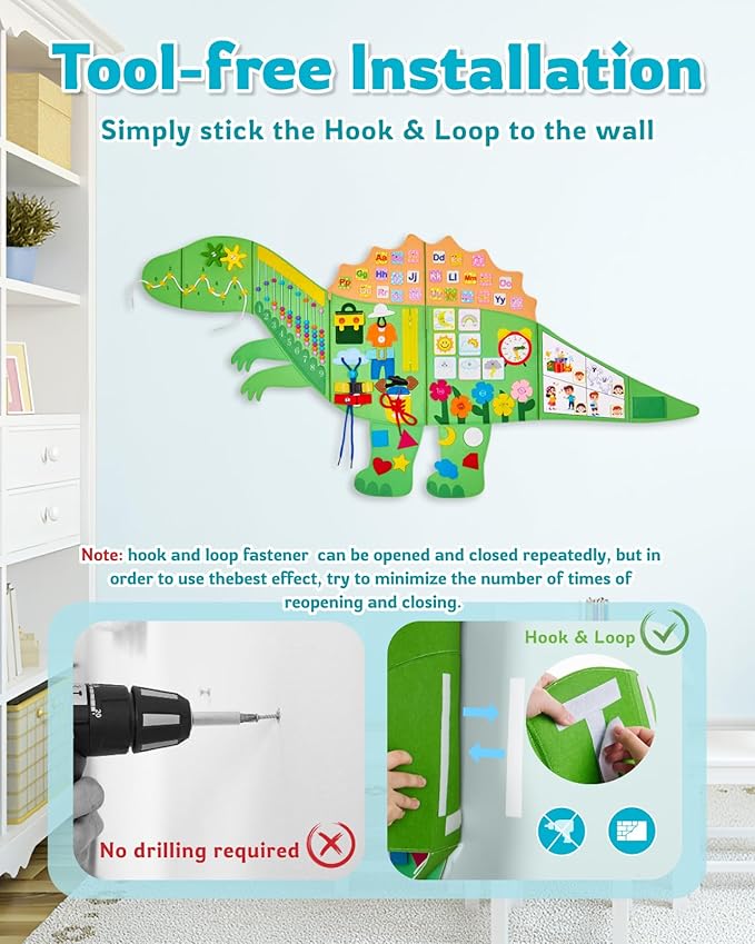Dinosaur Montessori Busy Board: 10 in1 Sensory Wall Panel for Kids, Toddler Sensory Toys Learning Activity Wall for Playroom, Daycare, Class, Travel, Gifts for 3 4 5 6 Year Old Boys Girls