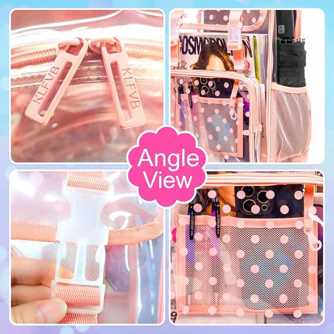 17" Polka Dot Clear Backpack for Girls - 3Pcs Flip Design Stadium Approved Set, Campus/School Transparent Bookbag (Pink)