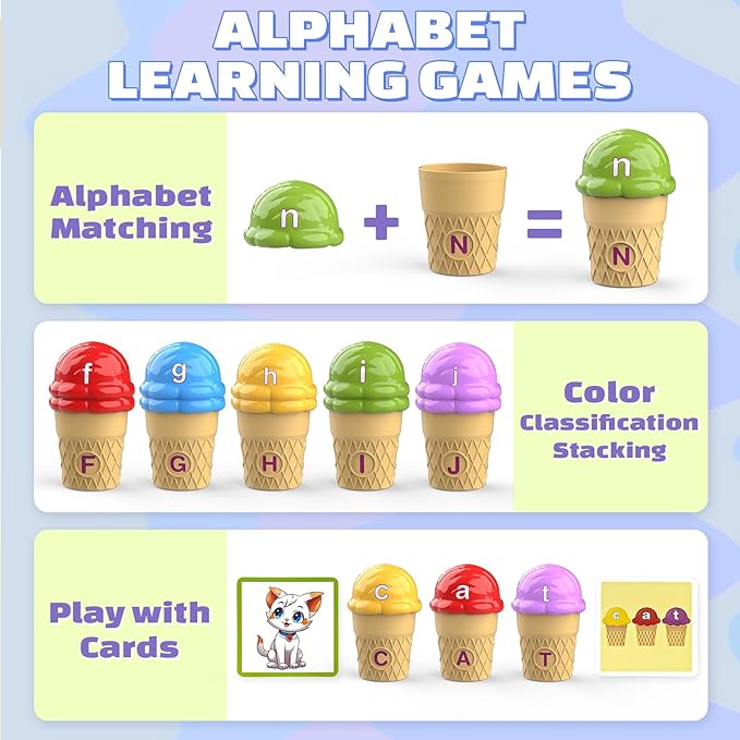 Ice Cream Color Sorting Toys for Toddlers, Montessori Learning Toys with ABC Letter Recognition Flash Cards for Preschool Kids (Alphabet)