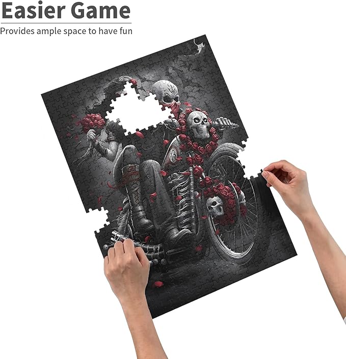 1000 Pieces,Adult Wooden Jigsaw Puzzle, Skeleton Reaper Motorcycle Girlfriend, Challenging Brain Puzzle Game Relaxing Pastime Recreational Activity Size: 29.5X19.7 in and 1:1 Original Picture Poster