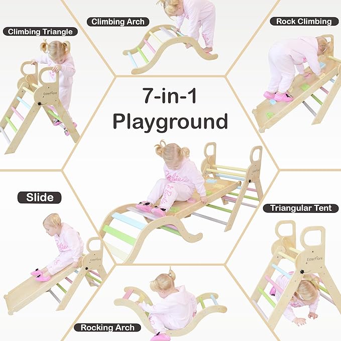 Pikler Triangle Set 7in1, Toddler Climbing Toys Indoor, Montessori Indoor Jungle Gym with Slide, Arch, Ramp and Ladder, Wooden Indoor Playground, Montessori Toys Toddlers, Baby, Kids