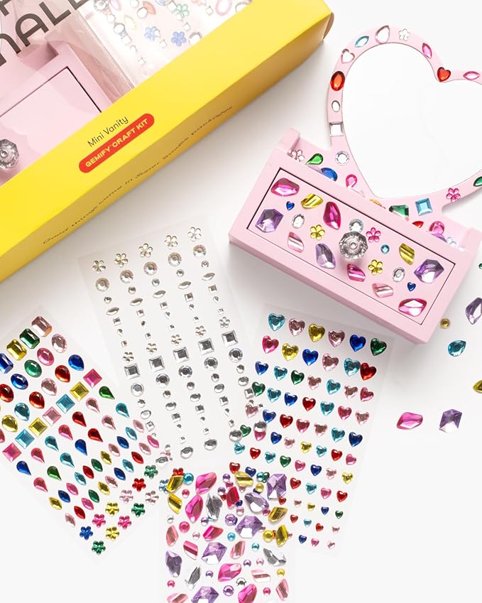 Super Smalls Mini Vanity Gemify™ Craft Kit | DIY Bedazzling Set with 200+ Gem Stickers | Heart Mirror & Jewelry Drawer | Fun for Creative Kids | Ages 6+