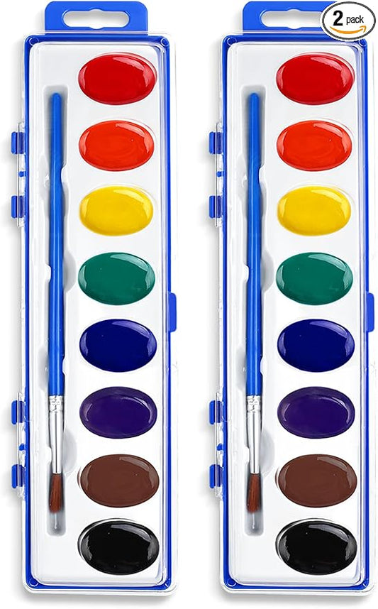 FUMILE Watercolor Paint Set Bulk,2 Pack,8 Colors Watercolors Paint with Paintbrush.Washable Watercolor Paint Set Kids for Parties,Birthday Party Favor,valentines for kids classroom.