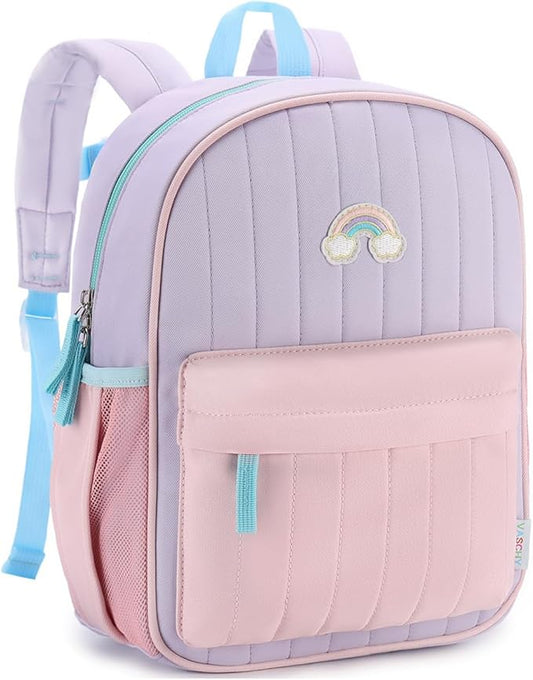VASCHY Toddler Girls Backpack, Kids' Small Lightweight Quilted Color-blocked Bookbag School Backpack for Kindergarten Children Light Purple Pink