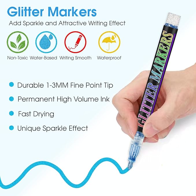Glitter Marker Pens Shimmer Sparkle Paint Markers, Tween Teen Girl Gifts Trendy Stuff Crafts Art Supplies for Kids Ages 4 6 8 9 10 12 14 16 Year Old Glitter Art Marker for Kids Adults Crafts Supplies