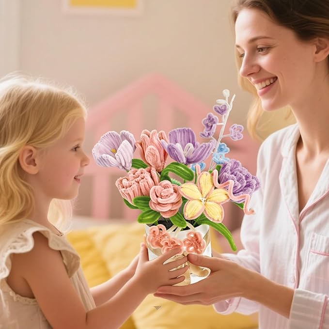 Pipe Cleaners Craft, Multi-Colored Pipe Cleaners Kit, Chenille Stems for DIY Flower Making Kit with Floral Wires, Come with Flower Base, Ideas for Party & Home Decor (A14)