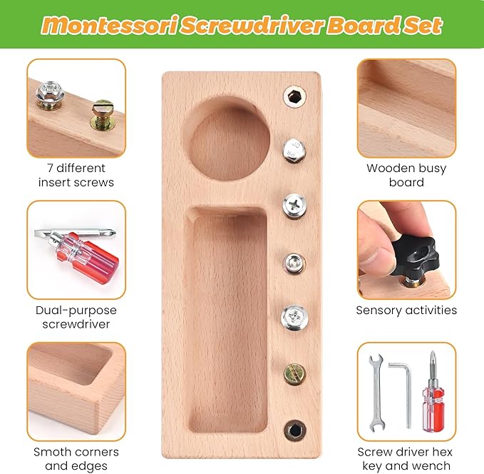 Wooderma Montessori Screwdriver Board Set, Wooden Montessori Toys for 3 4 5 Year Old, Toddler Screwdriver Toy, Kids Tool Set, Preschool Learning Sensory Toy, Fine Motor Skills Toys