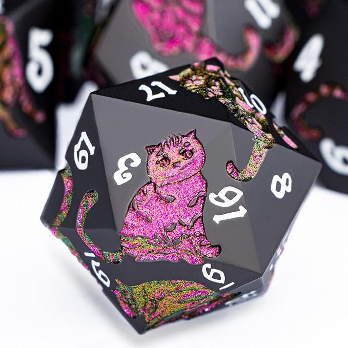 Metal DND Cat Dice 7PCS Polyhedral RPG Dice Set with Gift Case for Dungeons Dragons Role Playing Game, D and D Dice D6 D8 D10 D12 D20 D% (Purplish Red) 