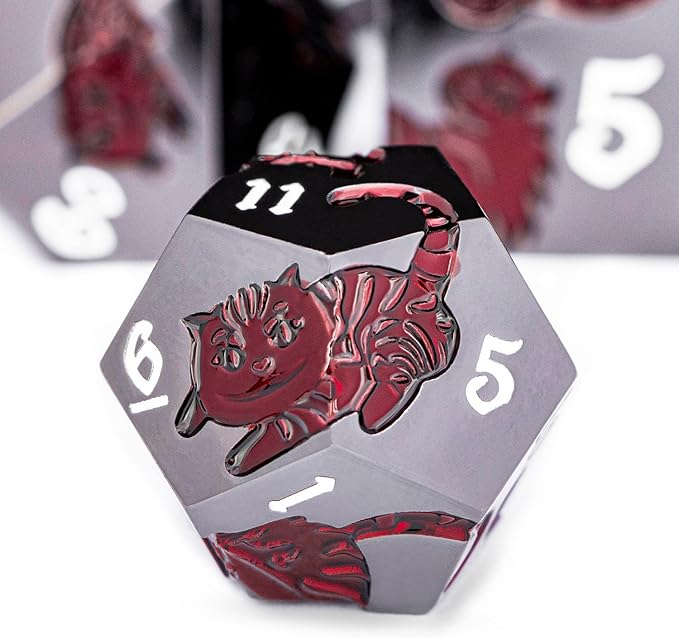 Metal DND Cat Dice 7PCS Polyhedral RPG Dice Set with Gift Case for Dungeons Dragons Role Playing Game, D and D Dice D6 D8 D10 D12 D20 D% (Red Black)