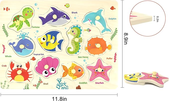 Wooden Peg Puzzle, Sea Creature Chunky Baby Puzzles, Colorful Wood Shape Puzzle Peg Board, Animal Knob Puzzles for Educational Toddlers 18 Months and Up, 11 Pieces