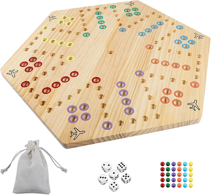 HOROW Wahoo Board Game 23.6 inch Wooden Original Board Game Classic 2 Side Painted Fast Track Game for 4 Player and 6 Player with 30 Marbles,6 Dices for Family Game Night(Extra Large)