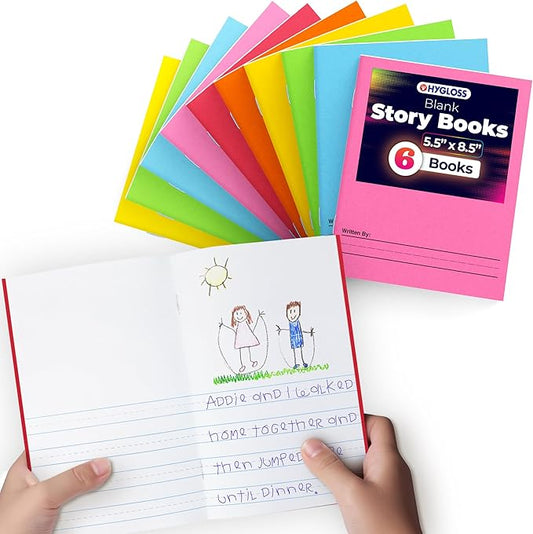 Hygloss 6 Pcs Blank Storybooks for Kids - Bulk Small Notebooks Journals Colorful Soft Cover Notebooks - 5.5x8.5 - 24 Half-Lined Pages - Blank Books for Kids to Write Stories & Illustrate