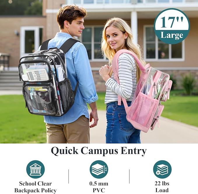 PACKISM Clear Backpack for School - 17 inch Large Heavy Duty Clear Bookbag, See Through PVC Backpacks (for age 12 above)