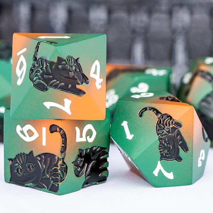 Metal DND Cat Dice 7PCS Polyhedral RPG Dice Set with Gift Case for Dungeons Dragons Role Playing Game, D and D Dice D6 D8 D10 D12 D20 D% (Orange Green)