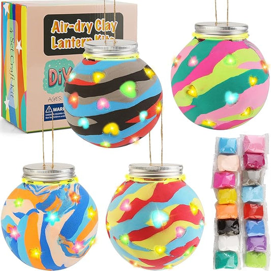 4 Set Kids Clay Arts and Crafts, Kid Craft Kit 8-12, Air Dry Clay Lantern Boys Girls Art Kits, Class Activities Group Projects Ages 7 8 9 10 11 Year Old, Fun Camping Crafts Christmas Stocking Stuffers
