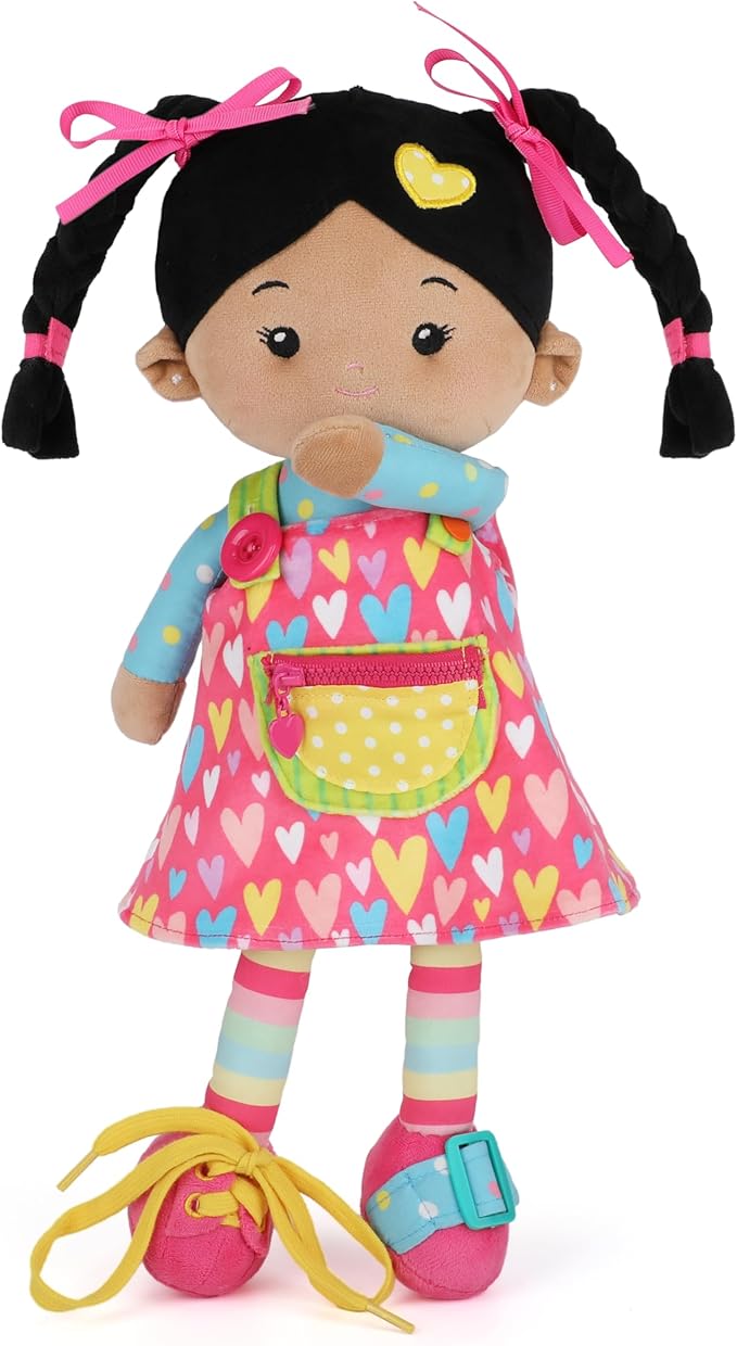 LeyaDoll Soft Bady Educational Soft Baby Doll(16''), Learning Sensory Doll for Toddlers, Montessori Toys for 2-Year-Old Girls Christmas, Birthday Gifts, Plush Doll with Button-Busy Sweetheart Tanned