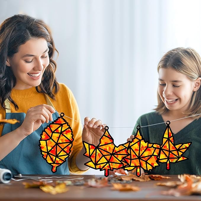 32 Sets Fall Maple Leaf Suncatchers Craft Kit DIY Window Stained Glass Effect Autumn Maple Leaf Paper Crafts Home School Classroom Decoration Kid Birthday Gift Creative Art Project Activity Game