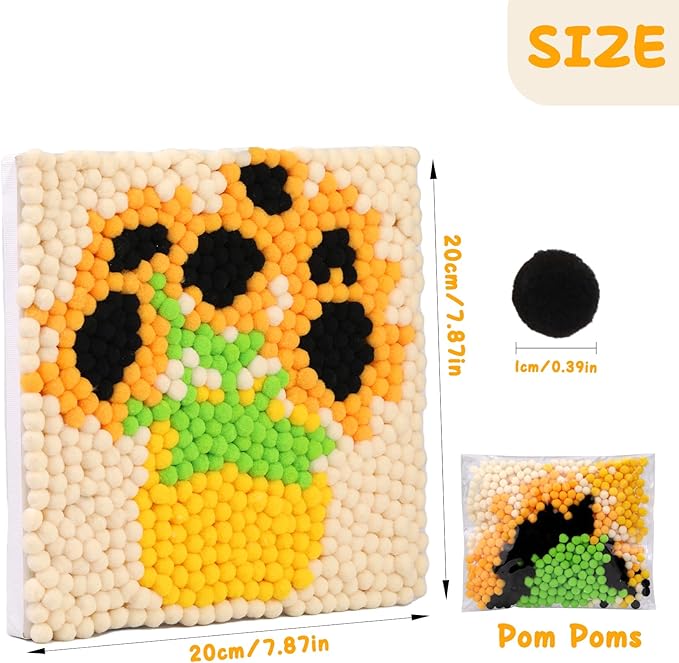 Pom Pom Painting Art Kit for Beginners, Perfect Craft Projects for Adults, Colorful Pom Poms and Supplies Included, DIY Pom Pom Painting on Paint Canvas(Sunflower)