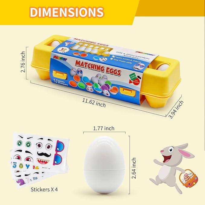 MOONTOY Matching Eggs for Toddlers, 12PCS Preschool Educational Learning Color & Shape Recognition STEM Toy– Montessori Geometric Eggs – Sorting Fine Motor Skills, Easter Gifts Basket Stuffers