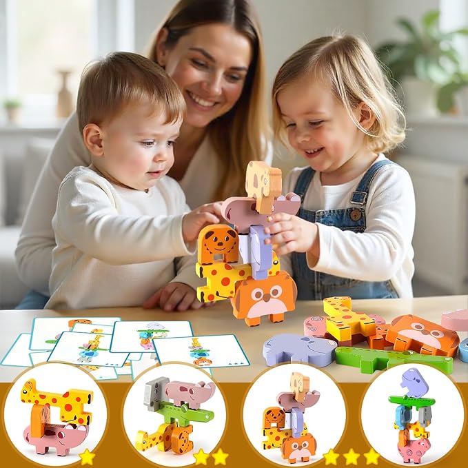 Montessori Toys for 2 3 4 Year Old Boys & Girls, Wooden Animal Stacking Blocks for Toddlers 1-3 โ Building Blocks Game Stacking & Sorting Toys Ages 2-4 Toddler Birthday Gifts