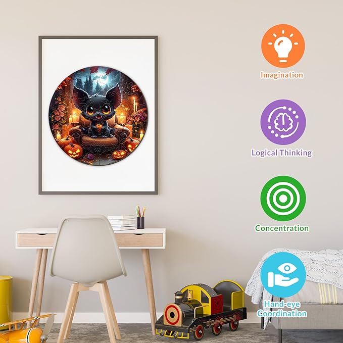 Wooden Puzzles for Kids Ages 4-6 - Halloween Black Bat 50 Pieces Children Puzzles - Large Pieces Kids Puzzle with Unique Shapes - Educational Puzzles for Boys and Girls (11.4 * 11.4 in)