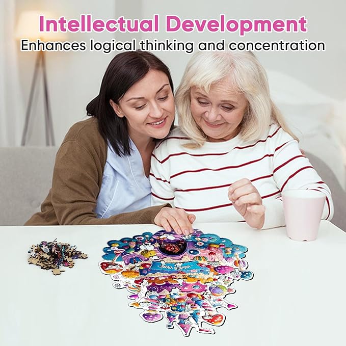 Wooden Puzzles for Adults, Birthday Cake Castle Puzzles 448 Pieces, Unique Shaped Mushroom Jigsaw Puzzles for Adults and Kids, Birthday Gifts Fun Challenge Family Game 16.9'' x 12.8''