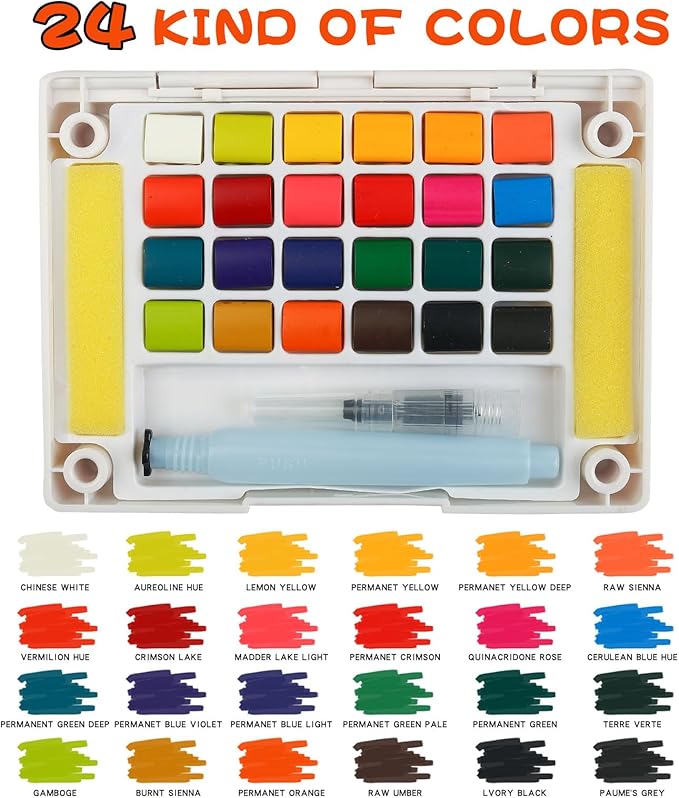 Graspable Watercolor Paint Set,Vivid Colors Painting Set Travel Paint Set Watercolor Sketching Kit with Water Pen,24 Sheets Watercolor Papers,3 Tutorial Video-24Colors
