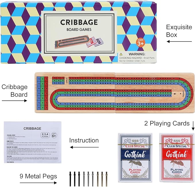 Wooden Folding Cribbage Board Game Set – Portable Travel Board with 3 Tracks, Large Storage, 9 Metal Pegs & 2 Cards – Classic Table Game for Adults, Kids & Family Night