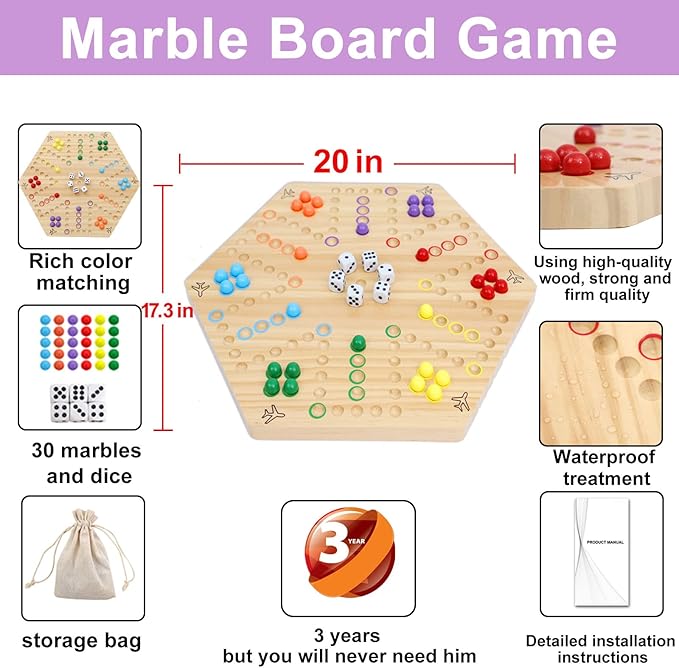HOROW Wahoo Board Game Wooden Original Board Game Classic 2 Side Painted Fast Track Game for 4 Player and 6 Player with 30 Marbles,6 Dices for Family Game Night(6large,Log)