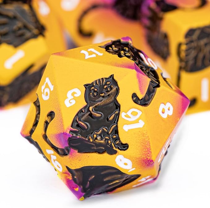 Metal DND Cat Dice 7PCS Polyhedral RPG Dice Set with Gift Case for Dungeons Dragons Role Playing Game, D and D Dice D6 D8 D10 D12 D20 D% (Purple Yellow)