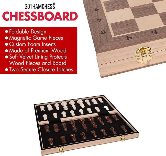 GothamChess Board | Foldable & Portable, Magnetic Chess Pieces, Organized Fitted Storage, Includes Course by International Master Levy Rozman, Game for Kids, Teens, Families & Adults | 15.75" x 15.75"