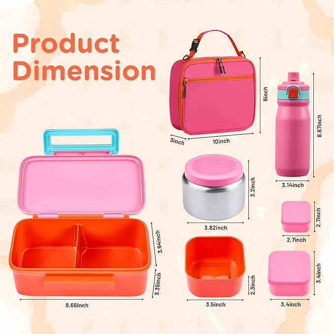 Bento Lunch Box for Kids With 8oz Thermo, Leakproof Bento Box with with 2 Compartments, Insulated Bottle, Lunch Bag, BPA Free Dishwasher Safe for School Girls Boys (Pink)