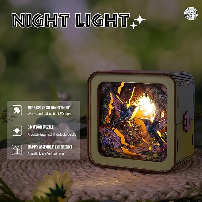 3D Puzzle Nightlight-DIY LED Light Wooden Puzzle-Art Lamp and Craft Kits for Kids and Adults-Birthday Gifts Toys-Home Desk Decor Family Game (Hummingbird)