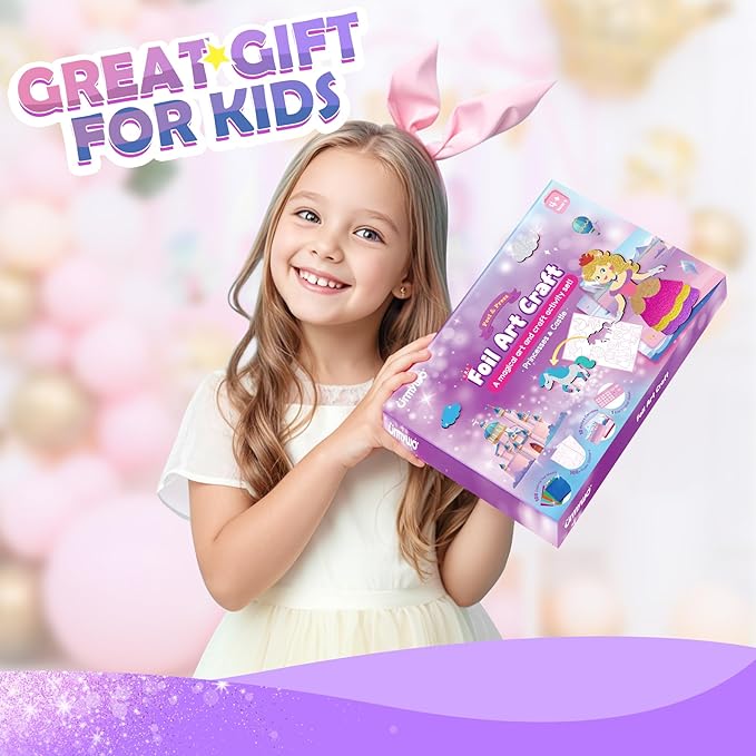 Foil Arts and Crafts for Kids Ages 4-8, No Mess Princess Fun Foil Art Craft Supplies Kits, DIY Creative Activity Travel Toys, Sticker Coloring Books, Gifts for 4 5 6 7 8 9 10 Year Old Girls Boys