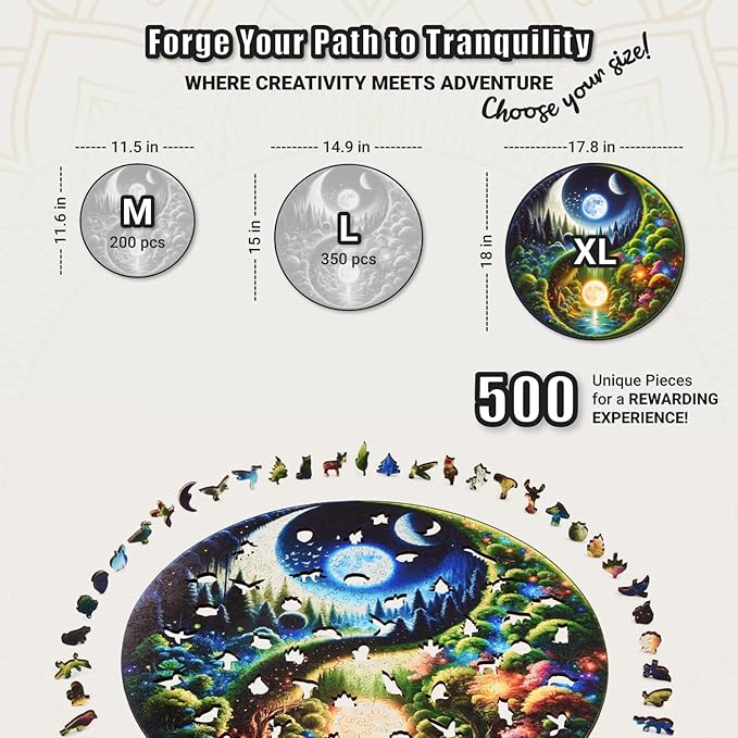 LEOGOR Wooden Puzzles for Adults 500 Pieces (18 x 17.8 in), Extra-Thick 5mm Round XL Wood Jigsaw, Yin Yang Puzzle, Unique Whimsical Pieces, Challenging, Fun & Beautiful Gift for Puzzle Lovers