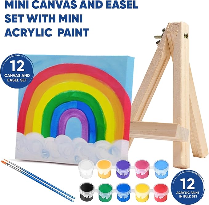 Mini Canvas and Easel Set with 10 Colors Acrylic Paint in Bulk Set of 12 - Kids Art Party Favors & Party Supplies - 4x4 Small Canvases for Painting with Mini Easel - Paint for Kids