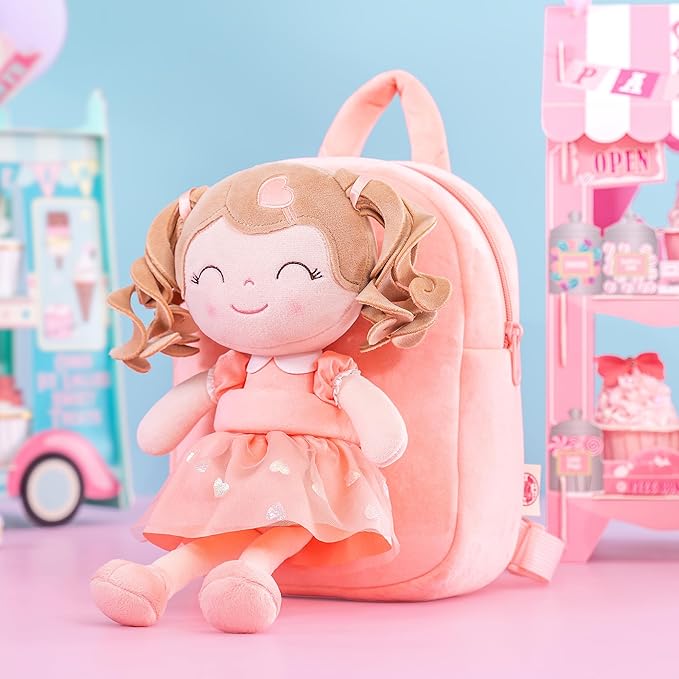 Gloveleya Back to School Gifts for GirlsToddler Backpack Baby Girl Gift Plush Bag Diaper Bag with Spring Girl Doll Curly Hair Girl Toys with Love Orange 9 Inches