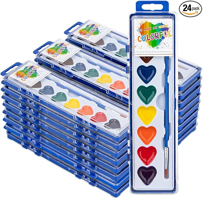 ARTLYMERS 24 Pack Watercolor Paint Set Kids, 8 Washable Heart Shaped Water Colors Paint Sets with Paintbrush for Children, Art Supplies for Preschool Classroom Party Favor Valentines Gifts