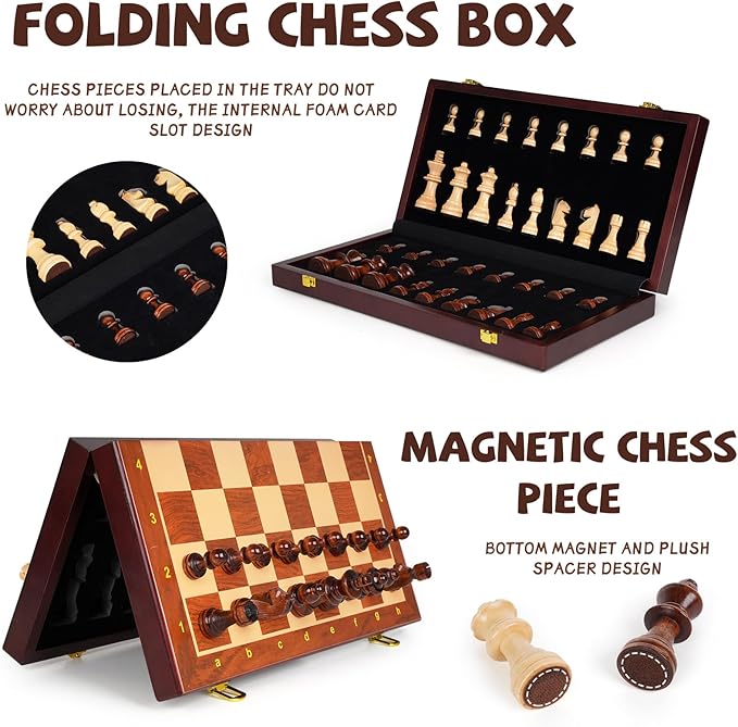 Wooden Magnetic Chess Set –15-Inch Foldable Wooden Chess Board with Magnetic Pieces, Portable Travel Chess Set for Adults and Kids, Classic Board Game with 2 Extra Queen