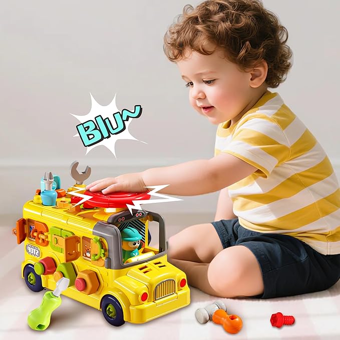 iPlay, iLearn Toddler Busy Bus Toy, Kids Take Apart School Bus W/Tools, Steering Wheel & Gears, Push Go Assemble Truck, STEM Learning Fine Motor Montessori Toy, Birthday Gifts 3 4 5 Year Old Boy Girl