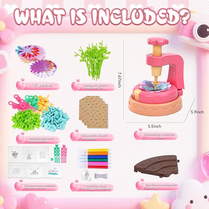 Fabric Flower Bouquets Toys DIY Craft Kits Toys for Kids Arts and Crafts for Kids Ages 4-5-6-7-8-10-12 Year Old Girl Birthday Gifts Making Bouquets Little Girl Kid's Gardening Set (DIY Flower Set)